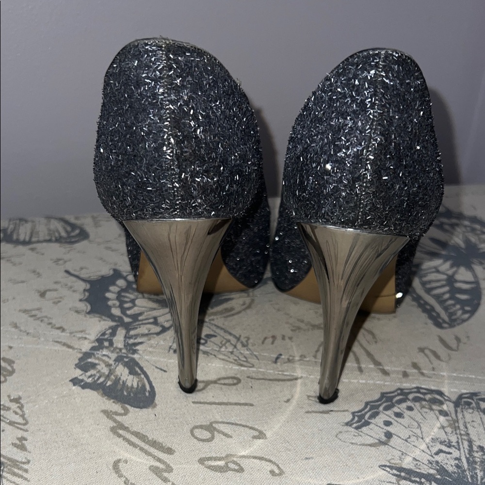 Nine West Glittery Navy Peep-Toe Heels - Picture 3 of 8